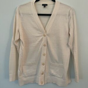 Talbots Cream Women's V Neck Cotton Cardigan Front Pockets Size M Petite